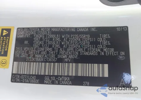 2014 Lexus Rx 350 z USA, uszkodzony, nr VIN 2T2ZK1BA9EC136567